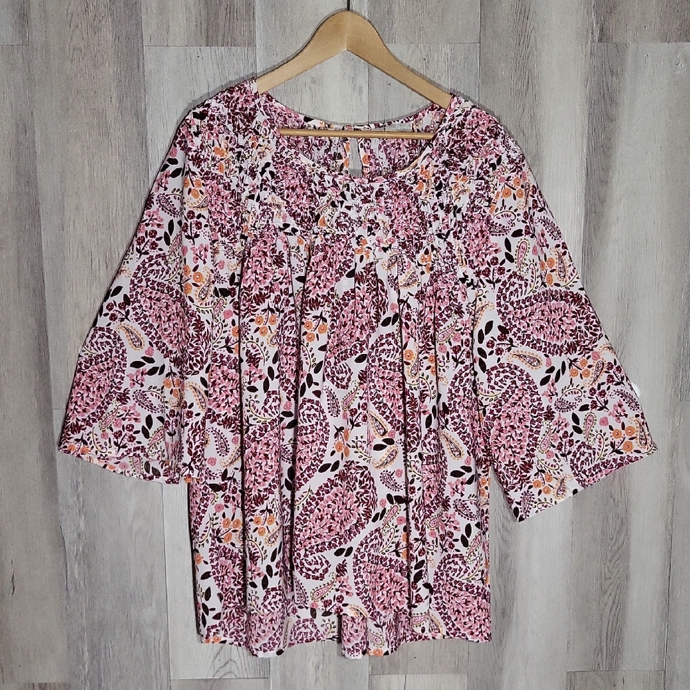 Woman Within Womens 1X (22/24)‎ Floral Blouse 3/4 Sleeve Smocked Keyhole Plus